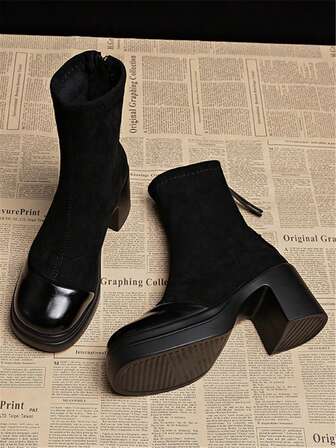 Botas de tobillo con plataforma y tacón grueso, puntera redonda, de gamuza con parches, para uso casual/diario, en colores negro, caqui y marrón, con cremallera trasera, para mujer en otoño/invierno