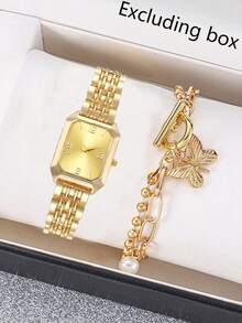 2pcs/Set Elegant Fashion Women's Square Steel Band Quartz Watch With Rhinestones, Petite Square Quartz Ladies Watch - Gold - View 8