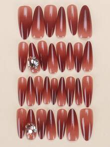 30片杏仁形/长款玫瑰红渐变美甲贴纸，镶嵌闪亮水晶，完美贴合亚克力假指甲套装，包含1瓶甲油胶和1把指甲锉，适合女性在秋冬季日常工作、学习和聚会时佩戴。这款美甲产品也适用于派对、节日和日常使用。美甲用品 - 彩色 - 查看 3