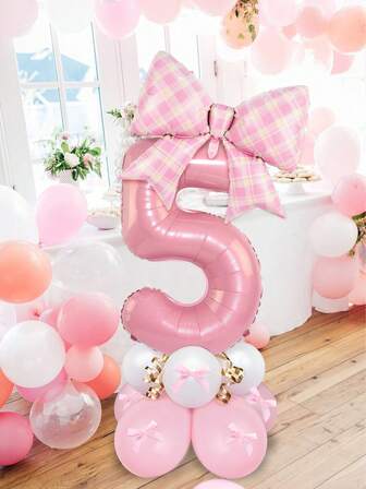 22pcs Pink Number & Bowknot Balloon Decoration Set, Includes 32-Inch Foil Number Balloons 0-9, Pink Plaid Bowknot Balloons, Pink & White Latex Balloons, Bowknot Decors, Suitable For Birthday, Pink Theme Party, Baby Shower, Wedding Anniversary