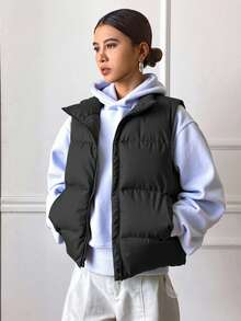 Livesso 斜插口袋背心，带衬垫口袋，无帽外套，女士冬季外套 - 黑色 - 查看 3