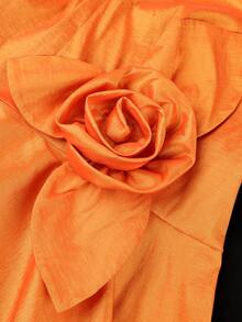 Plus Size Women's Glossy Long Sleeve Ruffle Blouse, Decorated With 3D Rose Ruffle Hem, Fitted Party Shirt - Orange - View 6