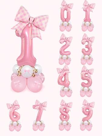 22pcs Pink Number & Bowknot Balloon Decoration Set, Includes 32-Inch Foil Number Balloons 0-9, Pink Plaid Bowknot Balloons, Pink & White Latex Balloons, Bowknot Decors, Suitable For Birthday, Pink Theme Party, Baby Shower, Wedding Anniversary