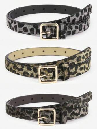 3件/1件装 女士时尚复古方形扣豹纹植绒人造毛皮腰带，牛仔裤百搭装饰