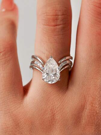 3件套奢华优雅S925纯银水滴形立方氧化锆戒指套装，适合女性订婚、婚礼、派对、日常佩戴、周年纪念、节日礼物、婚礼季等场合。