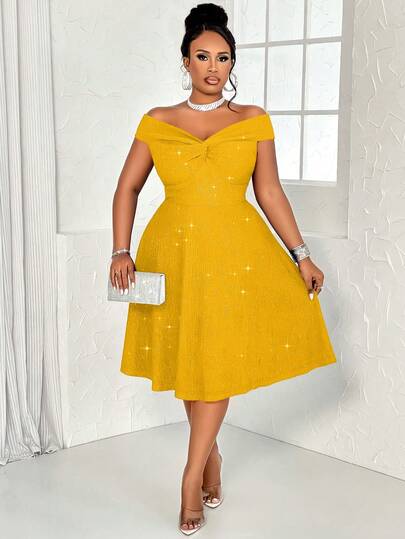 BIUBIU Women's Plus Size Sexy Solid Twisted Off Shoulder Backless Glitter Detail A-Line Dress For Party Cocktail Christmas Valentines Day