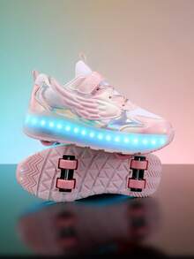 Kids' Fashionable Sturdy 4-Wheel 12-Mode Rechargeable Detachable Roller Skate Shoes, Suitable For Boys And Girls - Pink - View 5