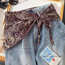Autumn Vintage Waist-Tied Triangle Scarf, Cashew Nut Pattern Bandana, Jeans, Waist Accessories, Versatile Trouser Curtain Scarf - 三角巾披肩-酒紅金枝玉葉 - 查看 1