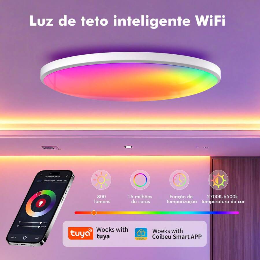 1 Piece RGB Bluetooth Ceiling Light, Dimmable With Remote Control, Smartphone App Control, Alexa Compatible, Ultra-Thin RGB Ceiling Lamp With Color Changing, 24W, Also Provides Daily Color Temperature, White/Neutral/Warm Light, Adjustable Brightness, Suitable For Living Room, Bedroom, Bathroom, Kitchen, Children's Room - White - View 1