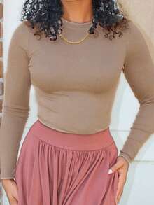 Steph T Women Casual Camel Color Round Neck Fitted Long Sleeve T-Shirt, Autumn For Spring Fall Cloth For Women - Camel - View 6