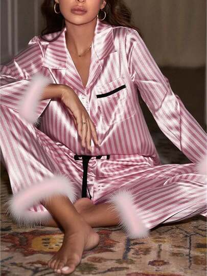 Women's 2 Piece Satin Lounge Set Long Sleeve Lapel Stripe Print Shirt Pants Sleepwear