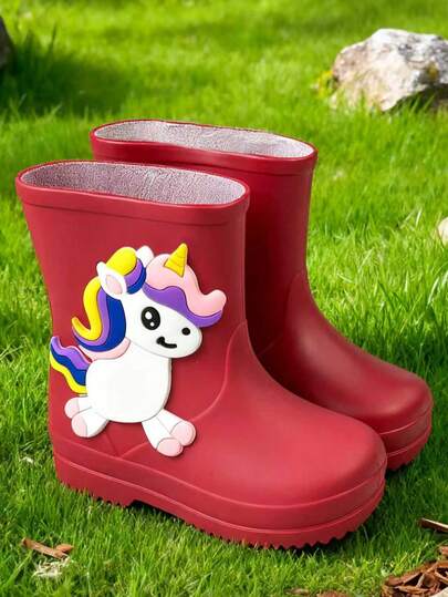 HAHABOBO Nuevas botas de lluvia para niños y niñas: Diseño de unicornio de dibujos animados lindo, de moda y versátil, botas rojas impermeables y cómodas, adecuadas para juegos de agua en días lluviosos al aire libre, uso en verano, otoño y todas las estaciones