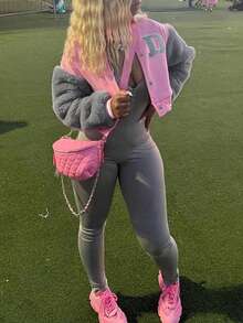 LovelyWholesale Giacca invernale da donna casual, con colletto da baseball, in stile teddy patchwork, a maniche lunghe, con bottoni a forma di lettera e righe