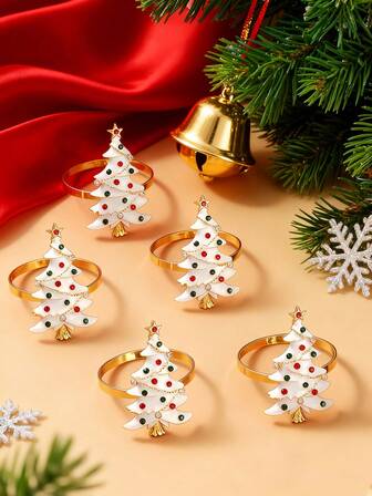 2-12pcs Luxury Christmas Tree Napkin Rings, Crafted With Exquisite Enamel Technique, Made Of High-Quality Alloy Material, Suitable For Weddings, Birthdays, Banquets, Holiday Outdoor Parties, Daily Dining Table Decor, Beautiful Accessories To Celebrate Christmas