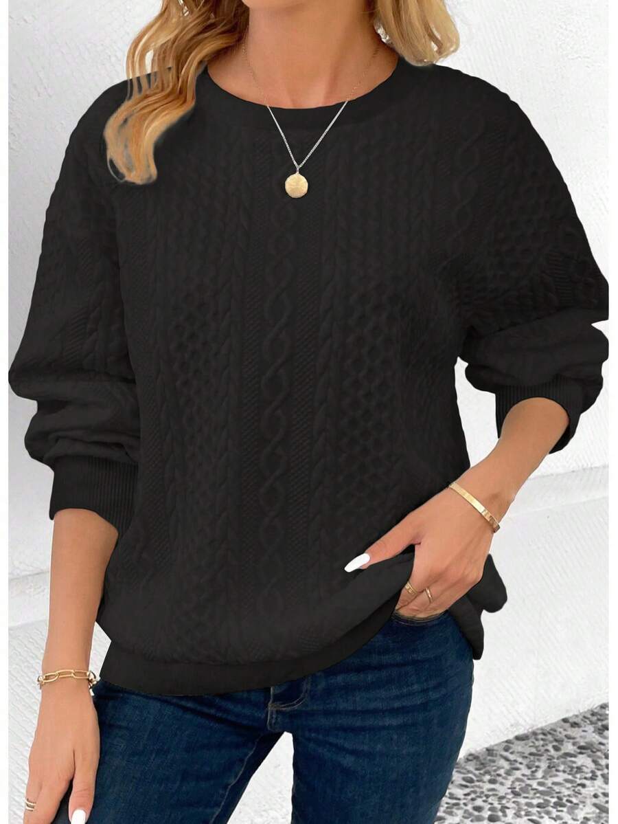 Sudadera de cuello redondo de manga larga, de unicolor, texturizada y versátil, de estilo casual, en talla grande, color negro, para primavera - Negro - Ver 1