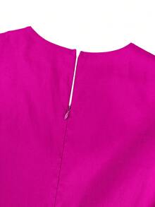 Elegant Plus Size Fuchsia Pink Fitted Mid-Length Dress, V-Neck Long Sleeve Design, Decorated With 3D Rose Flowers And Ruffle Hem