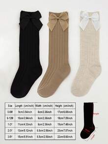 3双女童可爱蝴蝶结纯色过膝袜，适合搭配校服，四季皆宜，春秋季均可穿着。 - 彩色 - 查看 3