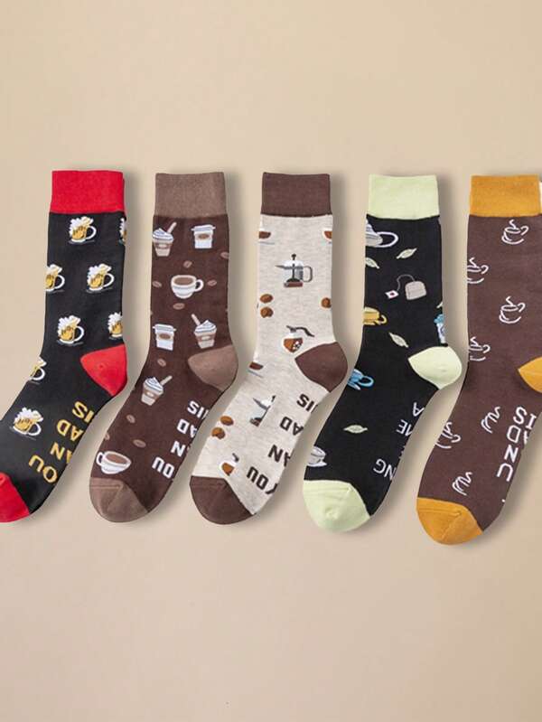 5 Paar Herren Knöchelsocken, neue bunte Socken, bequeme weiche mittelhoch Socken, Getränke-Muster Lässig Stil Herren