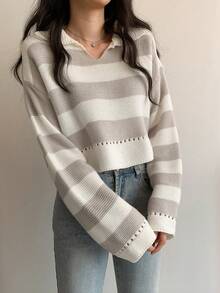 Casual Colorblock Striped Loose Cropped Knit Sweater, Autumn/Winter - Grey - View 3
