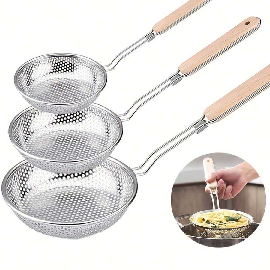 3个不锈钢木柄滤网 - 适用于煎炸、沥水和盛放意面和面条。是食品准备和过滤的理想之选,也是食品烹饪的必备品。现代厨房用具。经久耐用的厨房工具,可用于沥干面条,设计时尚,功能齐全,结构坚固,高品质厨房用具,沥水工具,适合家庭厨师和专业厨师使用。 - 銀色 - 查看 1