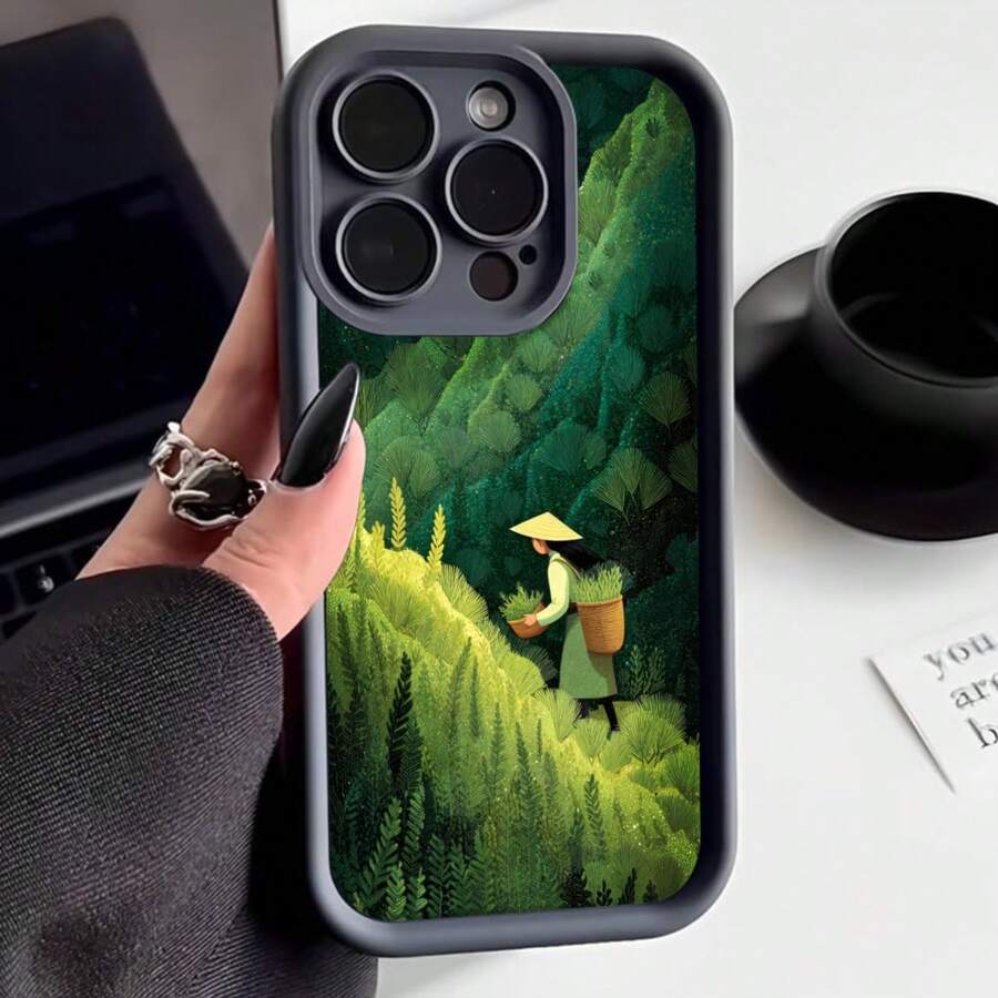 Cubierta de teléfono con borde protector color gris oscuro diseño ilustrado de paisaje montañoso con persona caminando con sombrero y cestas verdes para uso diario y viajes - Burdeos - Ver 1
