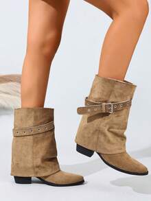 Bottines à bout pointu pour femmes, bottines mi-mollet, chaussures à talons hauts et jambes fines, nouvelle arrivée pour l'automne/hiver - Kaki - Voir 5