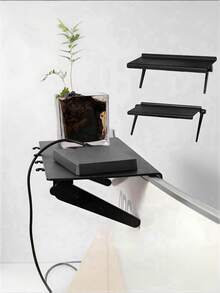 1个可调节电视架和多功能储物架 - 采用高强度ABS塑料制成，壁挂式设计节省空间，无需组装，适用于电视、路由器、游戏机和家庭办公设备，可折叠电脑显示器收纳架，现代纹理表面处理，耐用塑料结构，实用储物架 - 黑色 - 查看 6