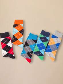 5 Paar Herren Socken mit Diamantmuster, modischer neuer Stil für Herbst/Winter, karierte lässige Paar-Socken, weiche Haus- & Studenten-Socken