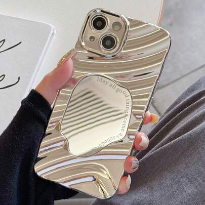 可爱镜面元素新颖银色电镀镜面手机防震壳，波浪纹理，美观配件，适合女性日常使用，兼容手机壳，适用于 16 Pro Max，可爱手机壳，适用于 17/Air/17 Pro/17 Pro Max，兼容 11/12/13/14/15 Pro Max/16/16 Plus/16 Pro/16 Pro Max，春季派对礼物