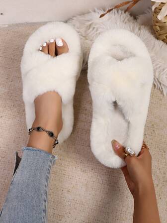 经典秋冬加大码柔软毛绒交叉绑带保暖室内拖鞋，露趾露跟，套脚式，厚底，圆头，纯色，简约优雅仿毛皮白色女士家居拖鞋