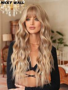 NICKY WALL 女士渐变金色波浪假发 浅金色长款波浪假发 带刘海 合成天然卷发 耐热纤维假发 适合女孩派对日常圣诞节使用 28 英寸