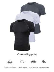 Set de 3 camisetas deportivas de estilo novio para hombres, de alta elasticidad, secado rápido, de manga corta para correr, ropa de gimnasio de verano, camiseta básica de estilo novio para hombres - Negro - Ver 2