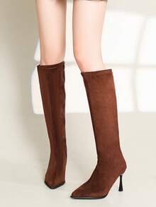 2025秋冬新款尖头高跟过膝长靴，女士细跟长靴，黑色高跟鞋，酒红色高跟鞋 - 棕色 - 查看 3