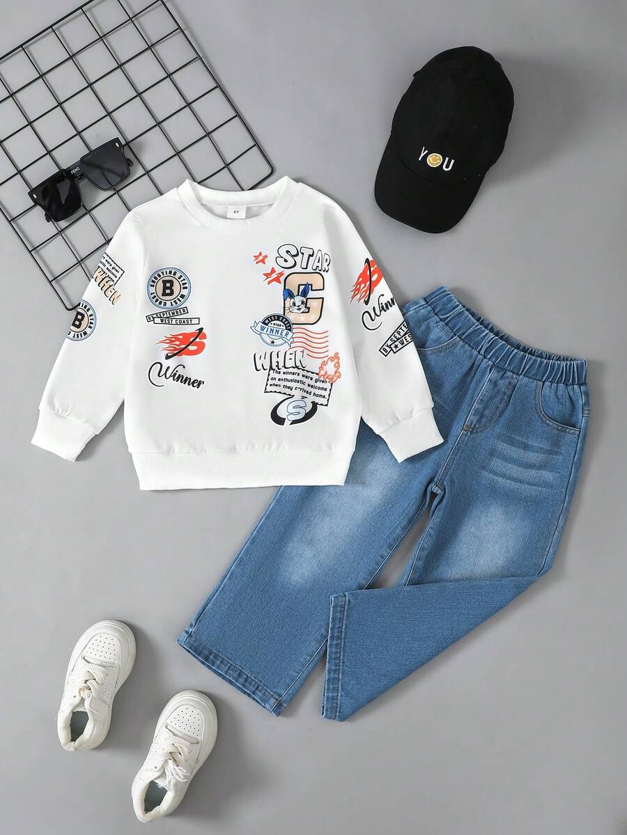 2 piezas Conjunto de sudadera de cuello redondo de manga larga informal y pantalones de mezclilla para niños pequeños, con estampado de letras y animales, adecuado para ocio al aire libre, otoño/invierno