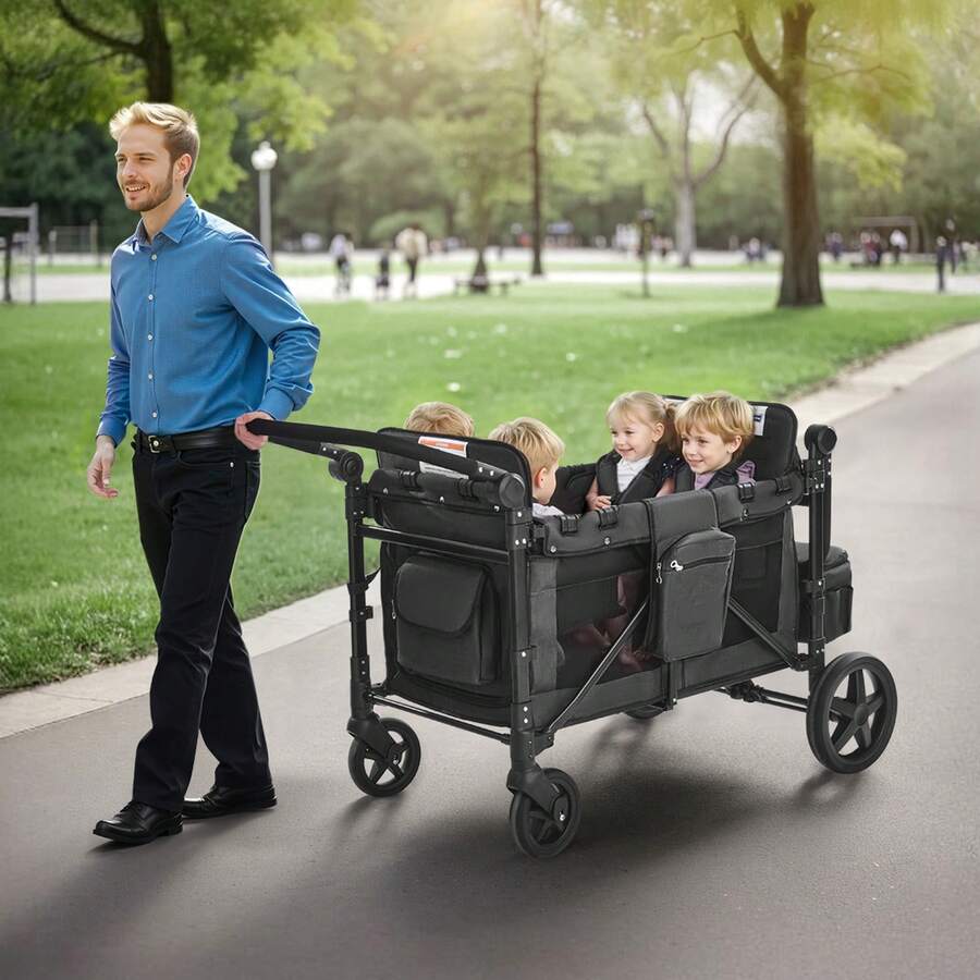 Wagon Stroller For 4 Kids, Push Pull Quad Collapsible Stroller With Adjustable Handle, Safety Harness & Removable Canopy, 4-Seater Stroller Wagon For Camping, Dark Gray & Black (330LBS Loading) - 深灰色和黑色 - 查看 1