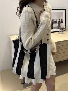 Chic Retro Striped Canvas Tote Bag, Literary Large Capacity Spacious & Versatile, Ideal For Work, School Or Day Out, School Bag, Canvas Bag, Beach Bag