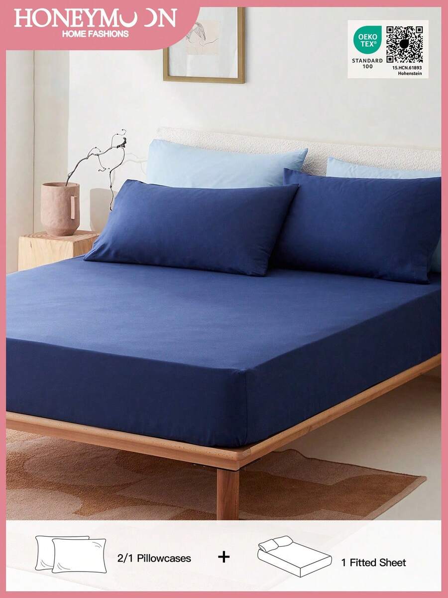 2/3件套纯色床笠，床垫保护套，床垫罩，深口袋床笠，柔软透气，适用于单人床、双人床、大号双人床、特大号双人床 - 14英寸/35厘米深口袋，通过Oeko-Tex认证 - 藏蓝色 - 查看 1