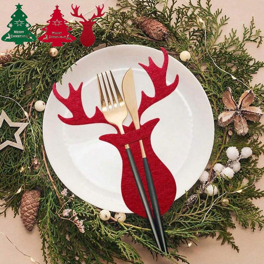 4pcs/8pcs Christmas Tree Cutlery Holders Felt Fork Knife Pocket Tableware Decoration Holder Bags Xmas New Year Party Dinner Table Decor - Multicolor - View 1