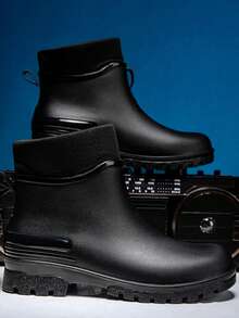 Women's Plus Size Fashion Short Rain Boots, Couple's Warm Lined Adult Rain Boots, Non-Slip Durable Thick Sole Rubber Shoes For Kitchen Work, Outdoor Car Washing, Camping, Fishing, Waterproof Beach, Solid Color Sports Outdoor Fuzzy Lining Rain Boots, Autumn/Winter - Black - View 8