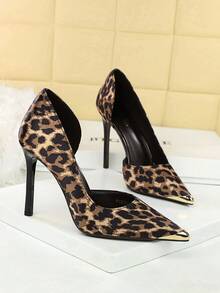 性感豹纹高跟鞋，尖头金属装饰侧镂空细高跟，百搭正式派对女鞋 - 豹紋 - 查看 4