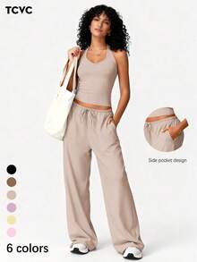 TCVC 两件套女士休闲套装，包括运动文胸和阔腿裤，适合日常穿着，舒适时尚，亲肤面料。 - 卡其色 - 查看 1