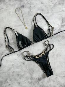 Women's Sexy Vintage Bombshell Beach Party Travel Swimming Leopard Print & Solid Color Backless Tie Bikini Set, Fashionable, Spring/Summer New Arrival - Black - View 6