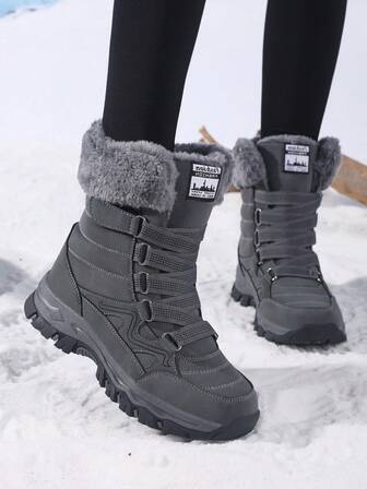 Women's Snow Boots, New Autumn/Winter High-Top Mid-Calf Lace-Up Comfortable Thick-Soled Non-Slip Durable Solid Black Ankle Boots, Suitable For Young Women, Fashionable Outdoor Hiking Trekking, Warm And Waterproof