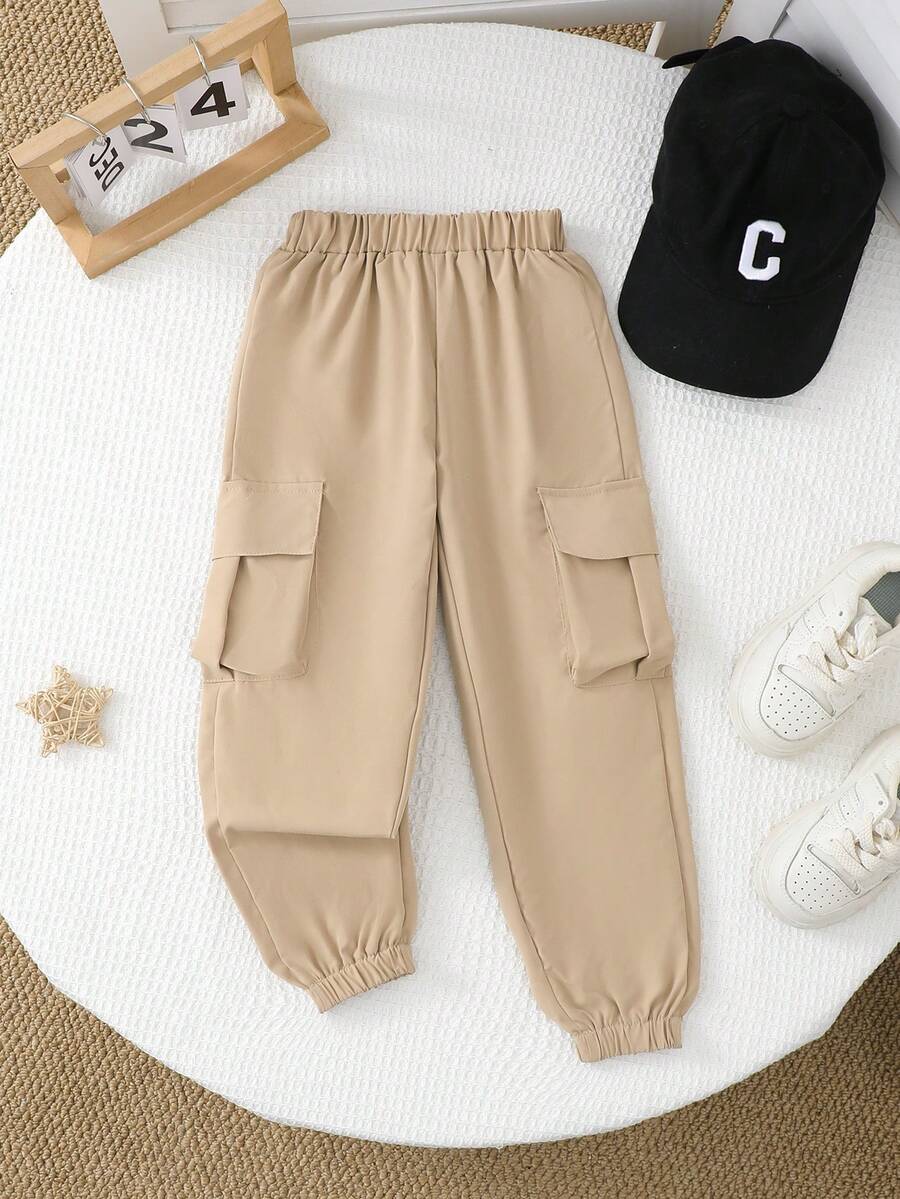 idolCat Pantalones cargo casuales con múltiples bolsillos, cintura elástica y puños para niño pequeño en otoño para uso diario - Caqui - Ver 1