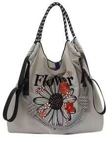 1 件时尚百搭刺绣花卉撞色手提包，轻便通勤尼龙可折叠购物袋 - 彩色 - 查看 15