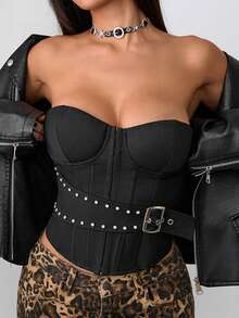 JSE Asymmetric Design Hook Waist Belt Fishbone Waist Gathering Fashionable Bustier Crop Top - Black - View 4
