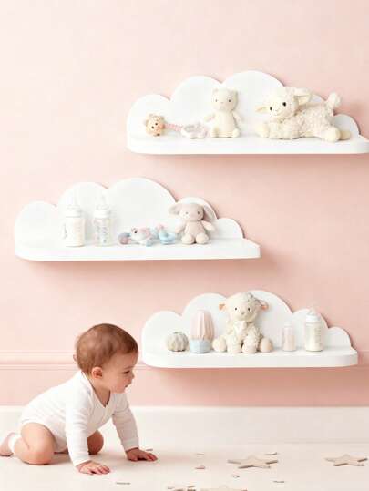 1/2/3 piezas, Estante de almacenamiento montado en la pared con forma de nube blanca en la habitación de los niños, estante de exhibición de madera que ahorra espacio para libros y muñecas de niños