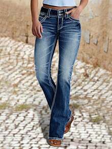 Elegant High Waist Stretch Flared Jeans - Women's Vintage Washed Bootcut Denim Pants, Classic Retro 70s Style, Comfortable Skinny Fit Casual Trousers - 深色水洗藍 - 查看 10
