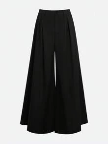 纯色口袋标女士阔腿裤，适合日常、返校、派对、机场、春秋季 - 黑色 - 查看 7