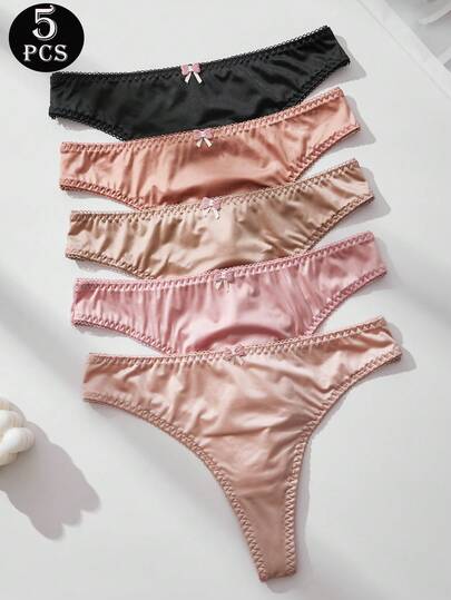 5pcs/Pack Women's Sexy Satin Panties With Cute Bow Accent, Low-Rise T-Back Design, Fashionable & Comfortable, Suitable For Daily Wear, Dates And Parties, High Cost-Effective, Crotch Comfort, Exquisite Satin Ladies Underwear.